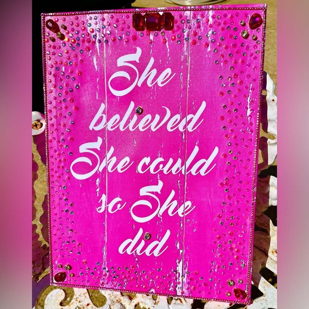 Hot pink framed inspirational wall decor, rhinestone AB, rhinestone trim